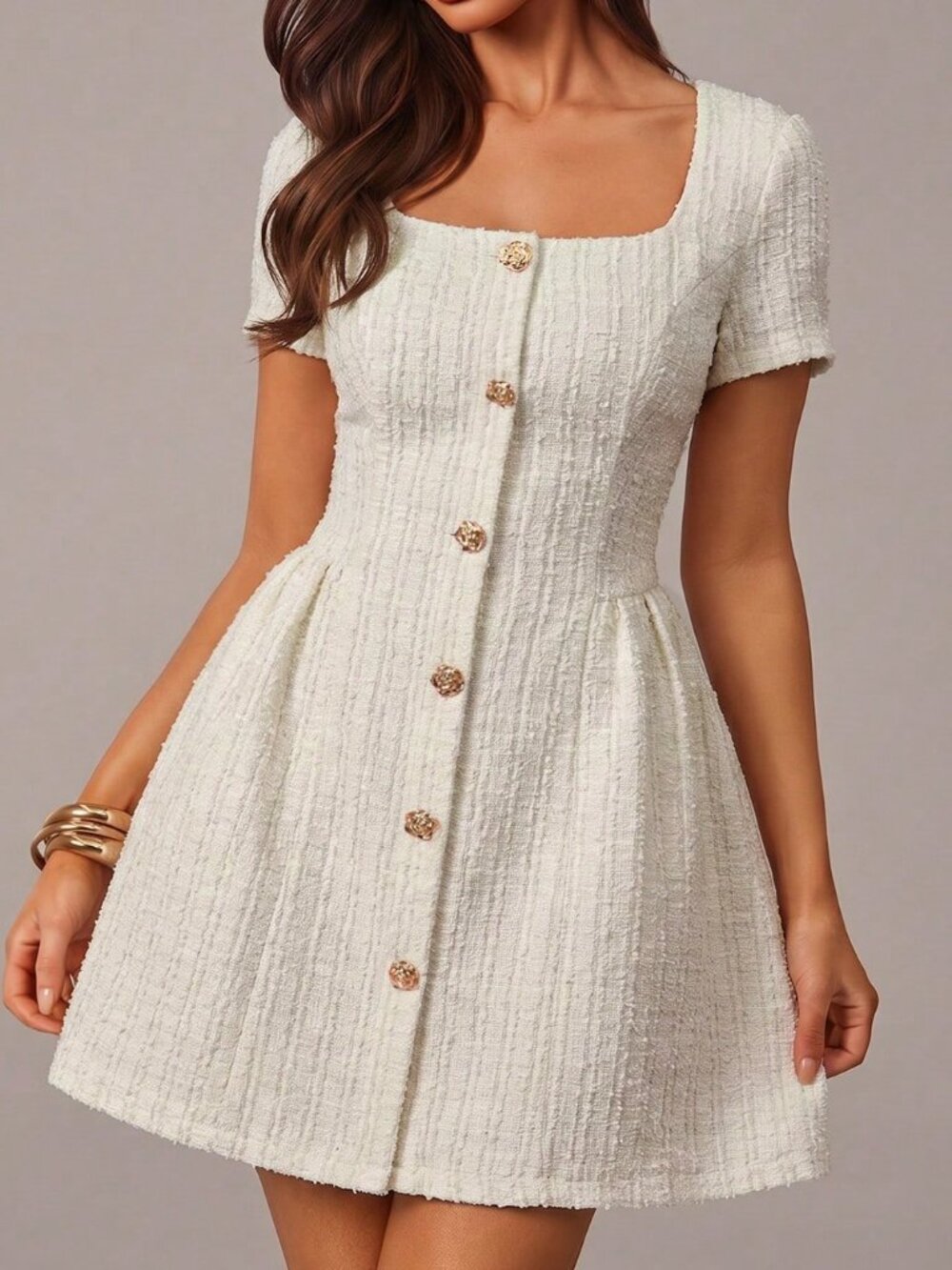 Apricot Casual Tweed Women's Mini Dress with Square Neckline and Button Details - Picture 4 of 6